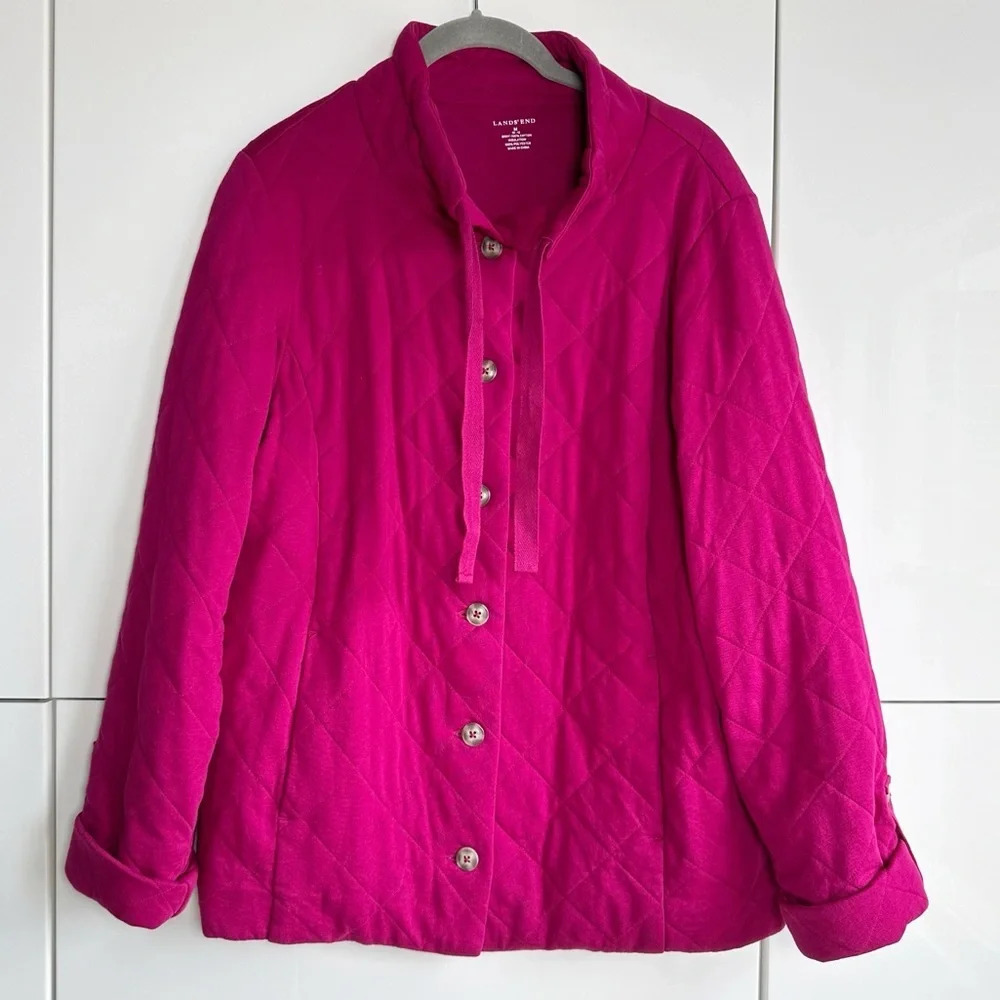 Lands’ End Quilted Jacket Size Medium Pink Cotton Button Front Comfortable